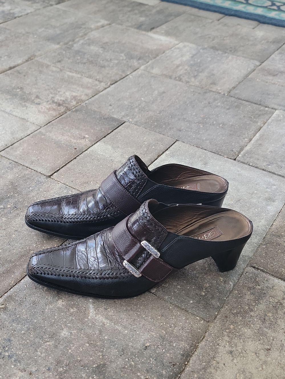 Vintage 90's Brighton Triad Mules Clogs Sz 9 Buckle Accent Brown & Black Leather - Picture 1 of 13